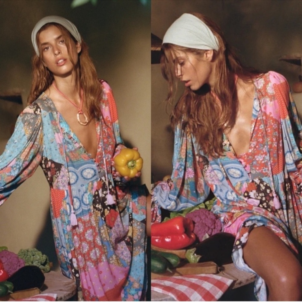 NWT SPELL Cha Cha Boho Patchwork Print Peasant Midi Dress in Multi Sz Small